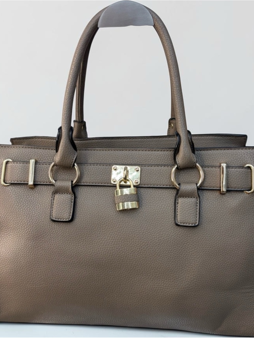 Structured Taupe Satchel with Gold Lock Detail - Picture 9 of 9